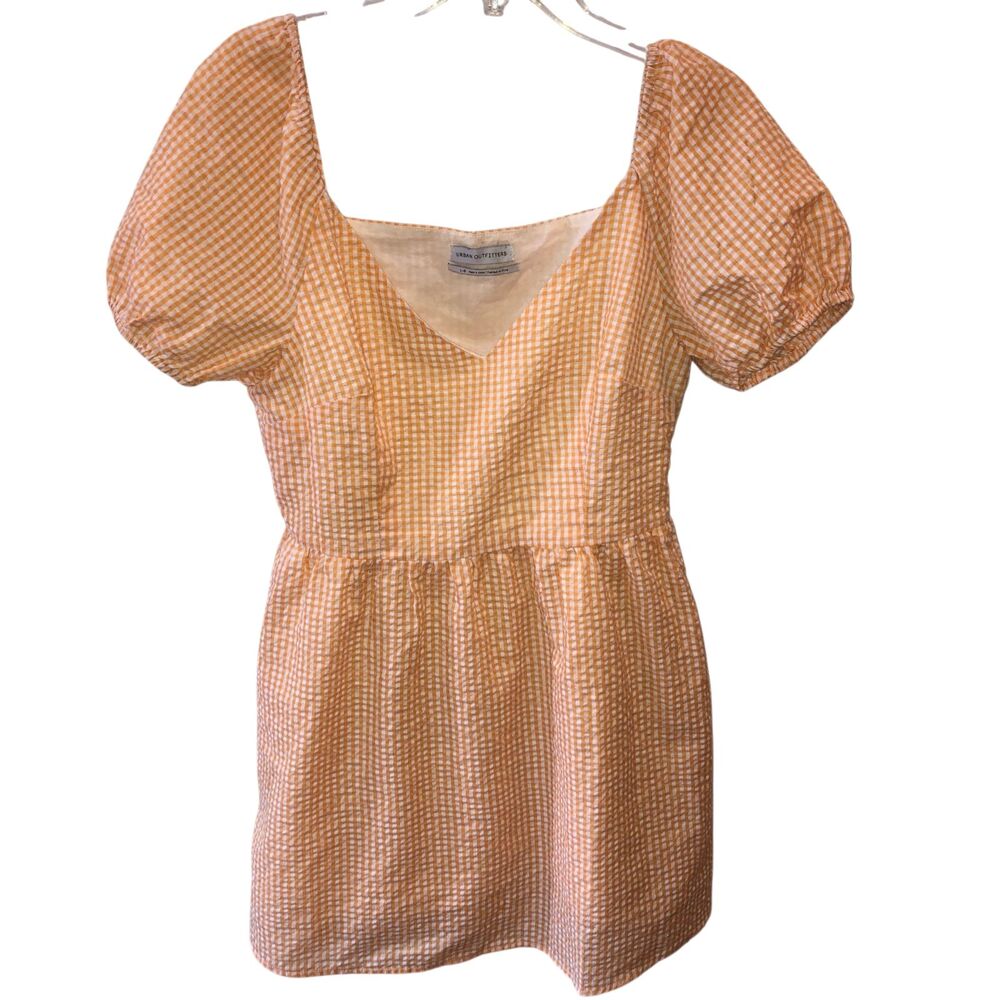 Urban Outfitters Womens Large Orange Gingham Seersucker Milkmaid Mini Dress Sz L